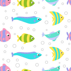 Cute colorful fishes vector seamless pattern. Sea life childish flat cartoon background.