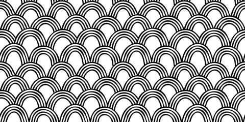 Abstract black and white wave seamless pattern illustration. Vintage asian ocean water background in hand drawn art style. Traditional japanese ornament texture, repeating oriental wallpaper.