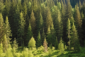 Fototapeta na wymiar Healthy green trees in a forest of old spruce, fir and pine trees in wilderness of a national park, generative ai 