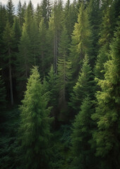 Fototapeta premium Healthy green trees in a forest of old spruce, fir and pine trees in wilderness of a national park, generative ai 