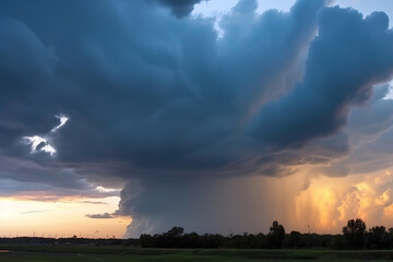 Stormy sky with dramatic clouds from an approaching thunderstorm at sunset, generative ai 