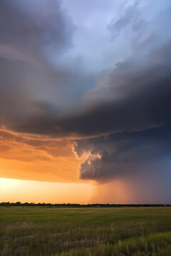 Stormy sky with dramatic clouds from an approaching thunderstorm at sunset, generative ai © vvalentine