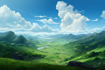 Valley with green plains and blue sky, anime landscape, generative ai