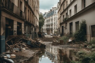 Paris flood aftermath: damaged buildings, debris. Generative AI