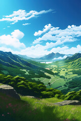 Fototapeta premium Valley with green plains and blue sky, anime landscape, generative ai