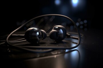 3D render of sleek earbuds in black plastic and leather. Illuminated in studio lighting for dramatic effect. Generative AI