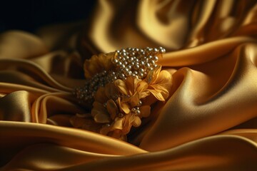 Luxurious yellow cloth background for jewelry or product presentation. Soft and flowing with 3D rendering. Generative AI