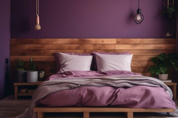 Stylish purple bedroom with eco-friendly decor. Generative AI
