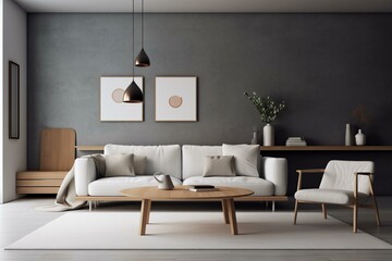 Minimal living room with white sofa, wooden dining area, gray wall, and home accessories. Generative AI