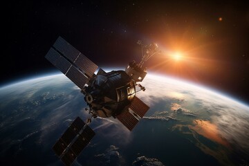 Obraz na płótnie Canvas 3D rendering of a satellite in space observing sunrise on Earth. Generative AI