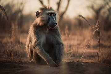 Baboon sitting on savannah field. Generative AI