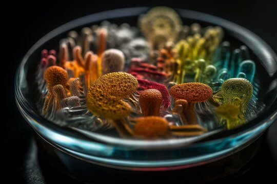 Mesmerizing macro images of bacteria and viruses observed in a scientific petri dish. Generative AI