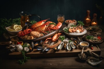 Fototapeta na wymiar Assorted seafood dishes on a stone platter. Generative AI