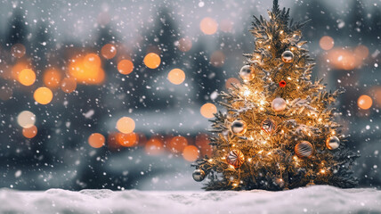 Fototapeta na wymiar banner wallpaper christmas background bokeh and snow .Christmas tree with decorations for the new year.Generative AI