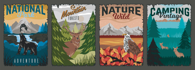 Nature retro posters. Set of covers for national park in grunge style. Wildlife, forest, landscape concept. Colored banners with animals, deer, bear and eagle. Cartoon flat vector collection isolated