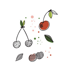 Flat vector icon of appetizing cherries. Abstract Sliced fruits, Abstract flat stickers, emblems and labels for orange fresh juice. Graphic design editable for your design. Isolated. EPS 10.