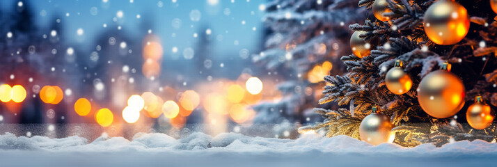 banner wallpaper christmas background bokeh and snow .Christmas tree with decorations for the new year.Generative AI