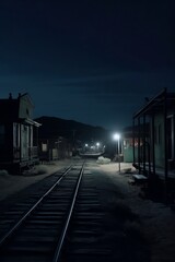 Railroad tracks running through a small town at night