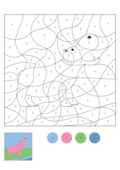 Number coloring page for preschool children with cute cartoon hippo. Color by number worksheet. African animals. Educational game.