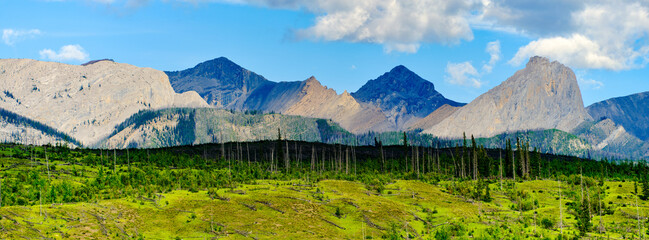 Panoramic image of the Cinquefoil Mountains - five peaks in Brule Alberta Canada near Banff National Park