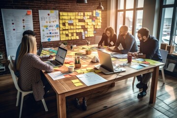 Collaborative creative business desk with a large communal table, whiteboards, and post-it notes, promoting teamwork and idea-sharing among creative professionals - Generative AI