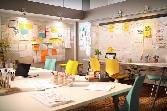 Collaborative creative business desk with a large communal table, whiteboards, and post-it notes, promoting teamwork and idea-sharing among creative professionals - Generative AI