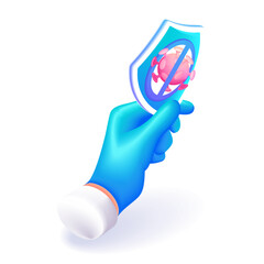 3D Isometric illustration. Cartoon hand in a blue glove holds a shield icon with a virus crossed out. Concept of virus protection. Vector icons for website