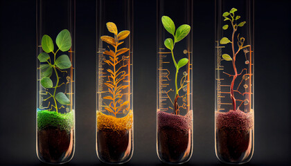 Plant seeds are planted in test tubes. Genetic research concept.