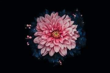 A floral painting with black background, blue sky, and pink flower in the center. Generative AI