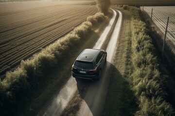 Overhead shot of Renault Duster SUV on rural road among corn fields during Spring. Generative AI