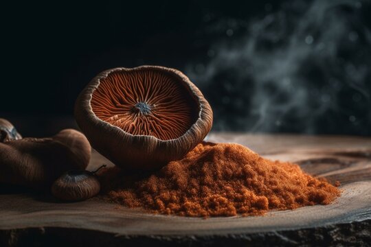 Image of reishi or lingzhi mushroom and powder on organic backdrop. Generative AI
