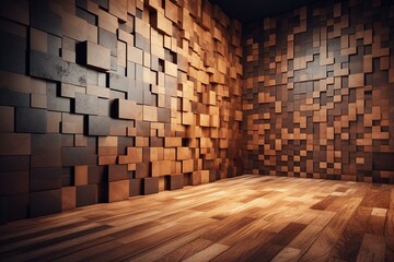 Timber and tile wall background. 3D square blocks. Rendered wallpaper. Generative AI