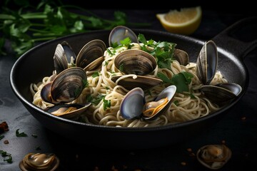 A black metal bowl filled with linguine alle vongole garnished with clams, garlic, white wine, and parsley, served on a dark slate board. Generative AI