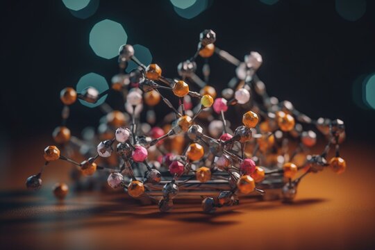 A 3D model of the tricyclic antidepressant tianeptine's molecular structure viewed from a microscope. Generative AI