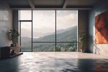 A minimalist indoor space with empty surroundings and a scenic natural backdrop. Generative AI