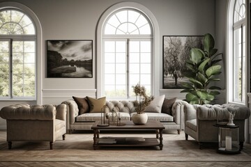 Hampton chic living room with picture frame template, digitally created. Generative AI