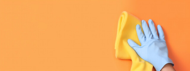 Obraz premium cleaning services banner, hand in rubber glove holds cleaning sponge and wipes against orange