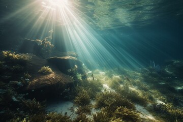 Fototapeta na wymiar View of light underwater with a sunbeam shining through. Generative AI