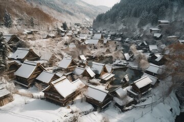 Beautiful view of a Japanese village covered in snow. Generative AI