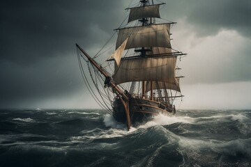 A vintage sailing ship in turbulent weather. Generative AI