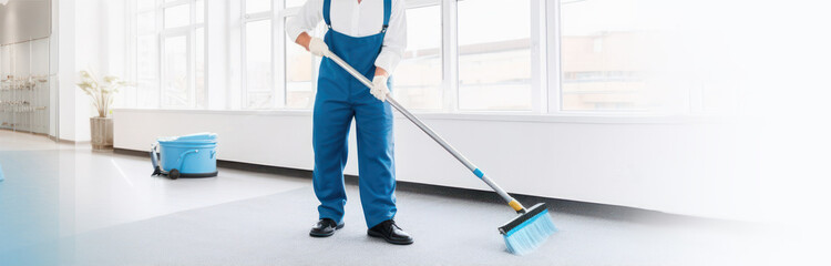 cropped man cleaner in blue uniform, office and home cleaning services. copy space.banner - obrazy, fototapety, plakaty