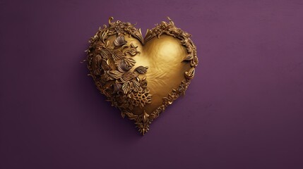 Golden intricate heart on purple, card with gold heart, luxury card. Generative AI - obrazy, fototapety, plakaty