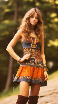 Portrait of a beautiful young hippie woman wearing a bustier and mini-skirt, photograph in 70s style - generative AI