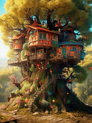 Fototapeta premium A Beautiful Multicolor House in the Hippie Style Built in a Tree - generative AI