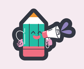 Loudspeaker pencil sticker. Colored funny school object with face and hands. Drawing and art concept. Loud speaker icon for apps and social media. Cartoon flat vector illustration on white background