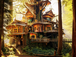 A Beautiful Multicolor House in the Hippie Style Built in a Tree - generative AI