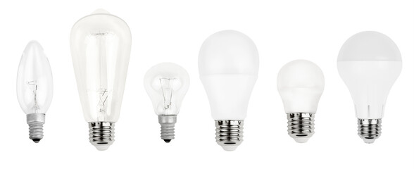 A set of glass bulbs isolated on a white background. Light bulbs for electronic devices,...