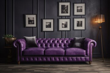 Purple leather sofa against concrete wall with picture frames. Generative AI