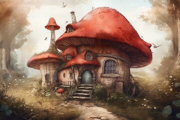 Watercolor illustration of a red toadstool house with windows and wooden door, reminiscent of fairytales. Generative AI