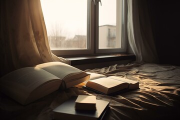 books on bed, covered in sheets, lamp on window sill. Generative AI